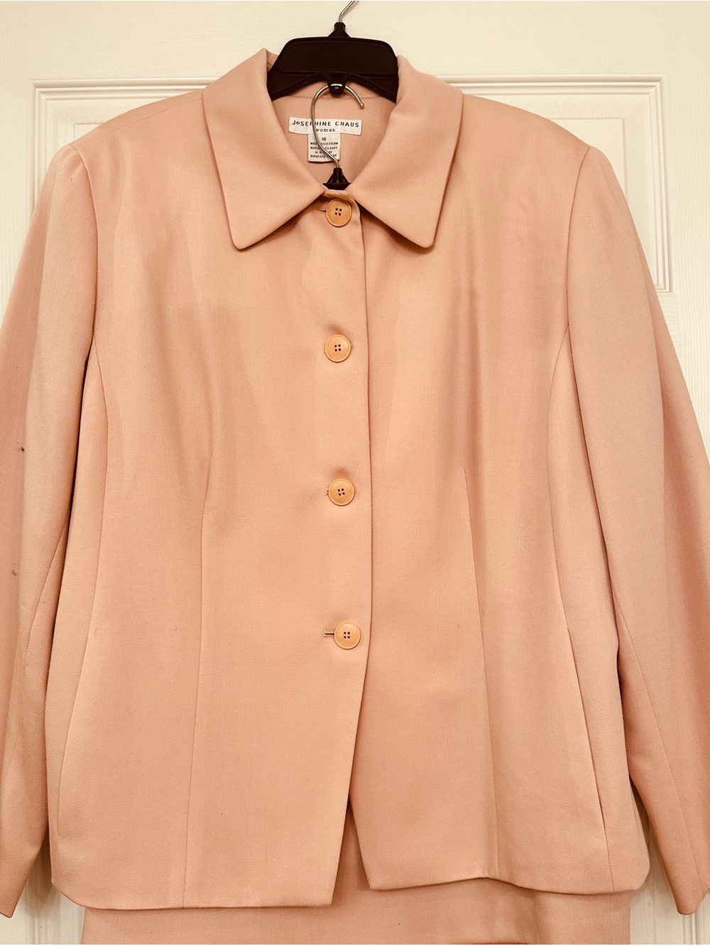Josephine Chaus Soft Blush Pink Tailored Suit with Button Jacket and Midii Skirt